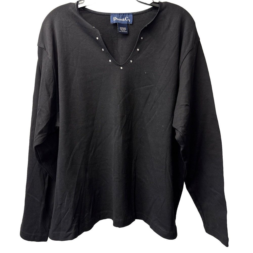 Denim & Co Women's Size‎ 2X Black Rhinestone Neckline Long Sleeve Crewneck Top